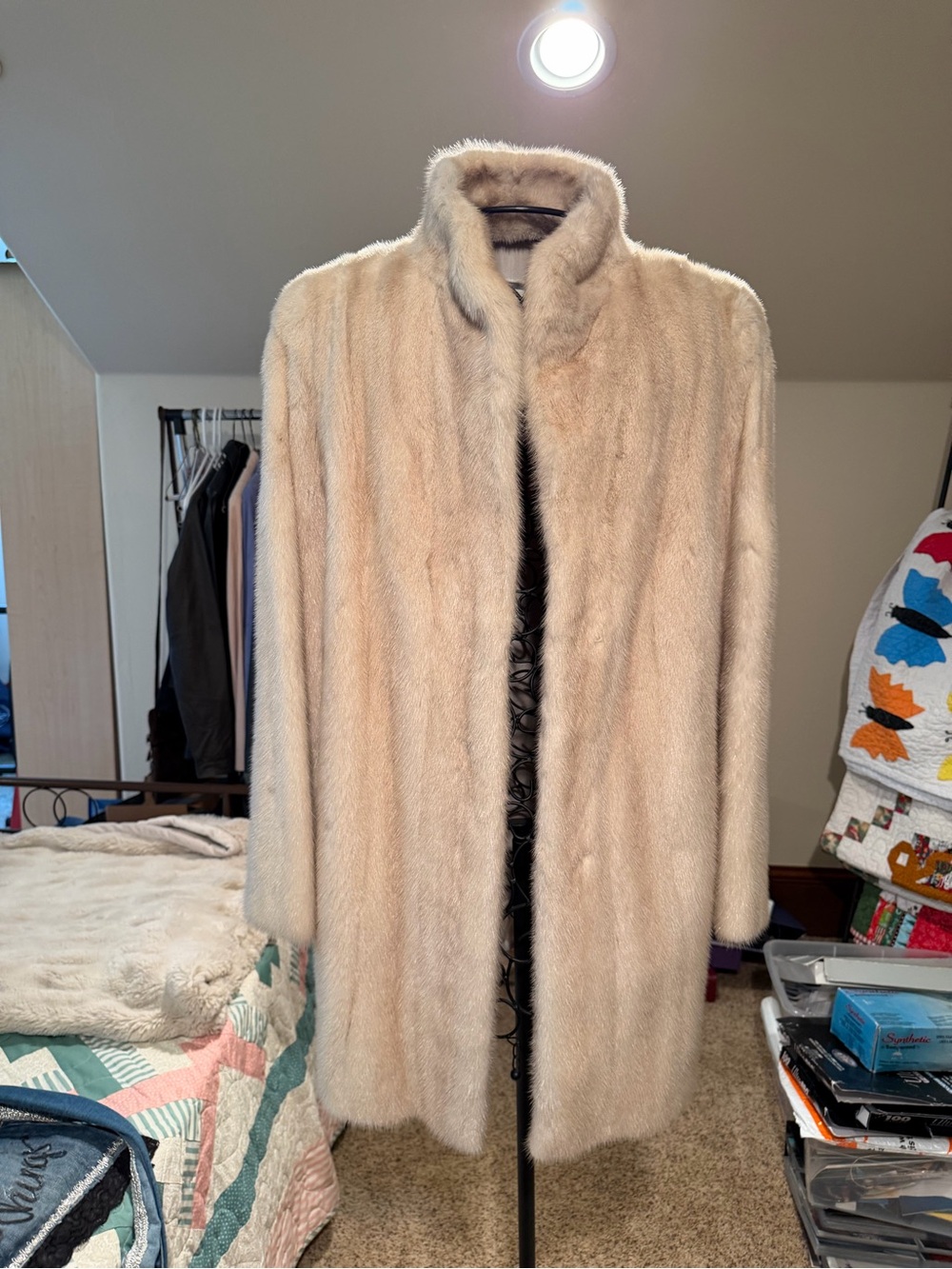 Saga Furs Light Cream Mink Peacoat with Stand Collar